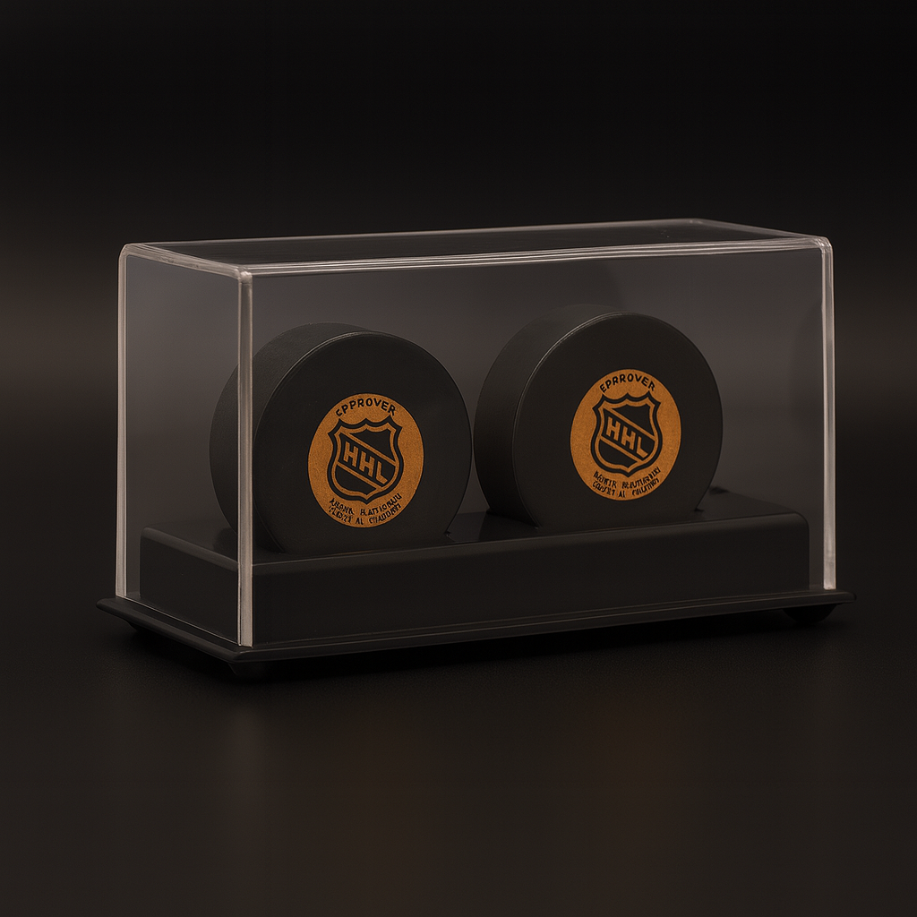 Acrylic Double Hockey Puck Display Case – Crystal-Clear Dual Display for Two Regulation Hockey Pucks