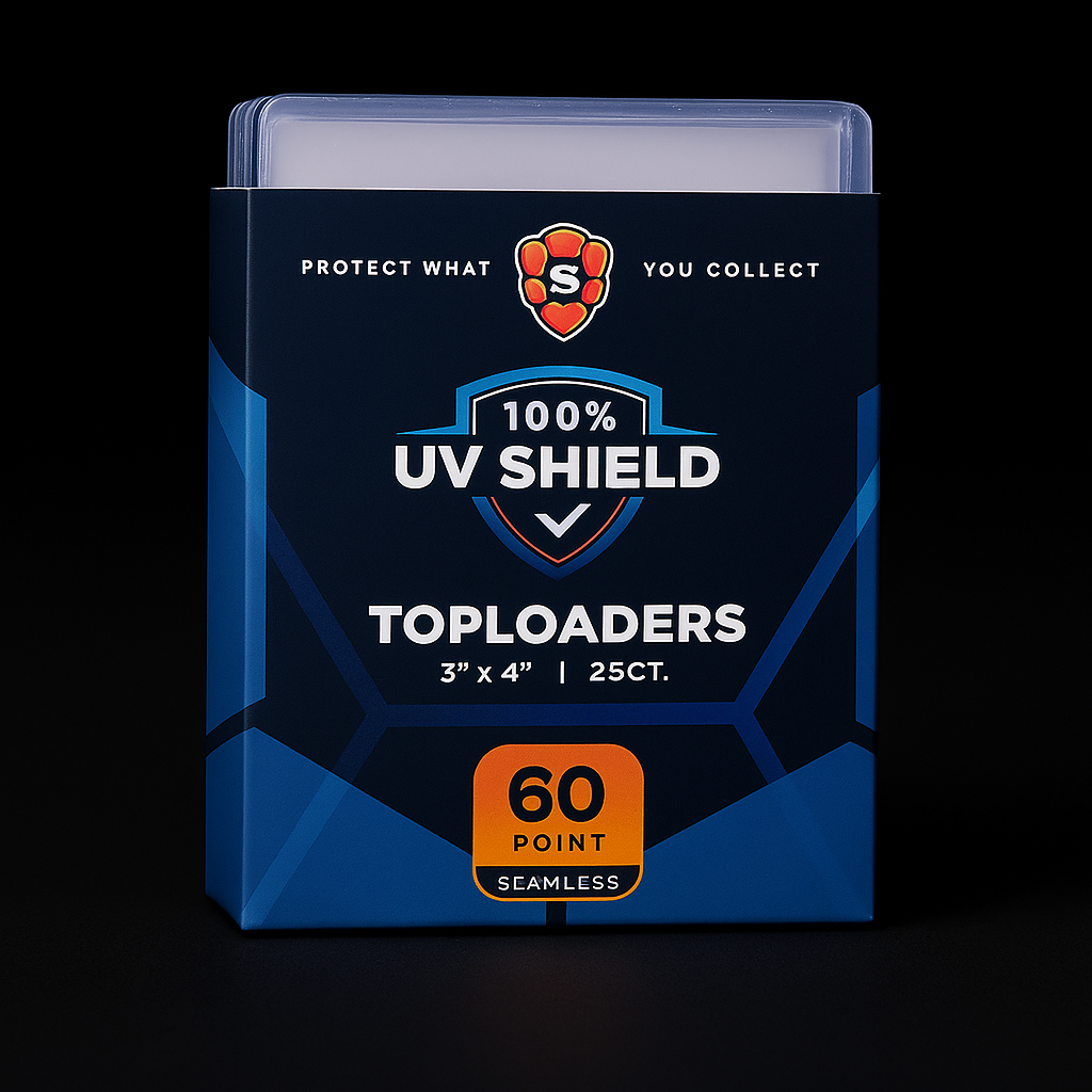 Shellz 3x4 Toploader 60PT UV Shield – Clear rigid PVC card holder with UV protection for thick Prizm and Chrome trading cards.