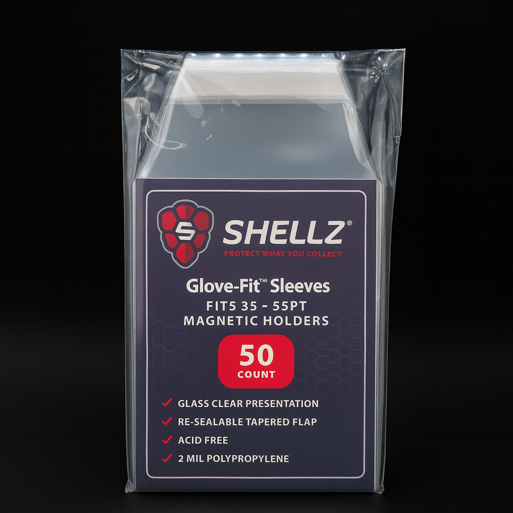 Shellz Glove-Fit Sleeves for 35PT–55PT Magnetic Holders — 50-Pack Resealable Crystal Clear Sleeves