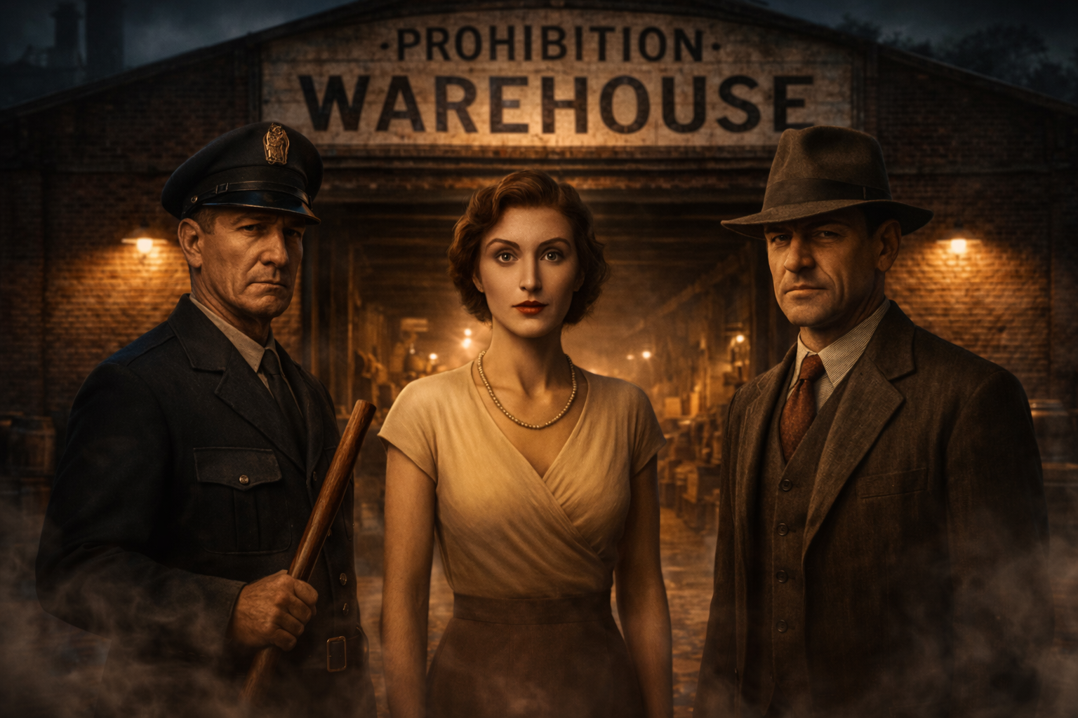 Three people in vintage attire standing in front of a 'Prohibition Warehouse' sign.