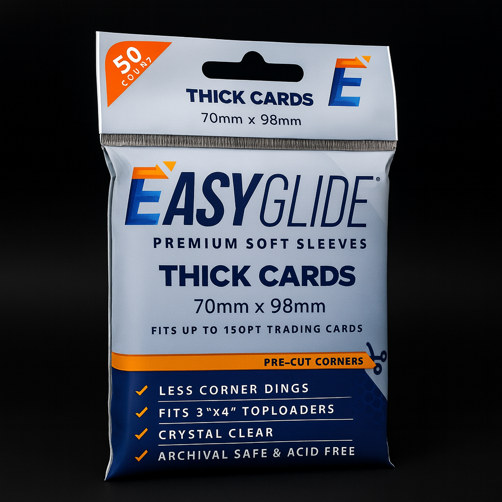 Shellz Easy Glide Soft Sleeves – thick card penny sleeves for 180PT relic or jersey cards, pre-cut corners, 50-micron polypropylene, acid-free archival protection.