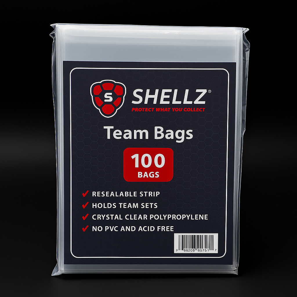 Shellz Team Bags — 100-Pack Ultra-Clear Resealable Sleeves for Cards, Toploaders, and Magnetic Holders