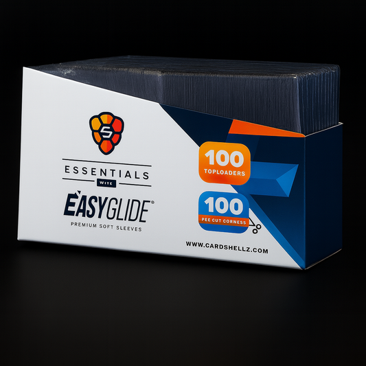 Shellz 35PT Essentials and Easy Glide Combo Pack – includes 100 crystal-clear toploaders and 100 premium card sleeves for standard trading cards, 35PT rigid PVC and 50 micron protection
