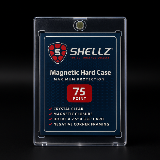 Shellz 75PT Magnetic Card Holder One-Touch Style – UV-resistant clear acrylic case for standard trading cards, secure magnetic closure, and crystal-clear display.