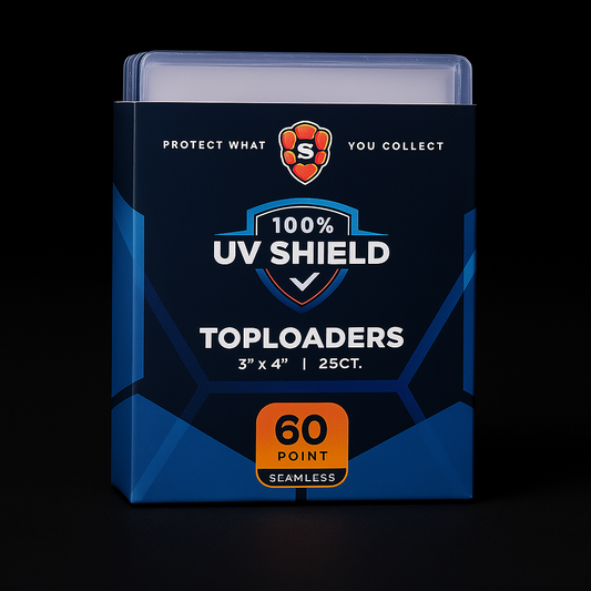 Shellz 3x4 Toploader 60PT UV Shield – Clear rigid PVC card holder with UV protection for thick Prizm and Chrome trading cards.