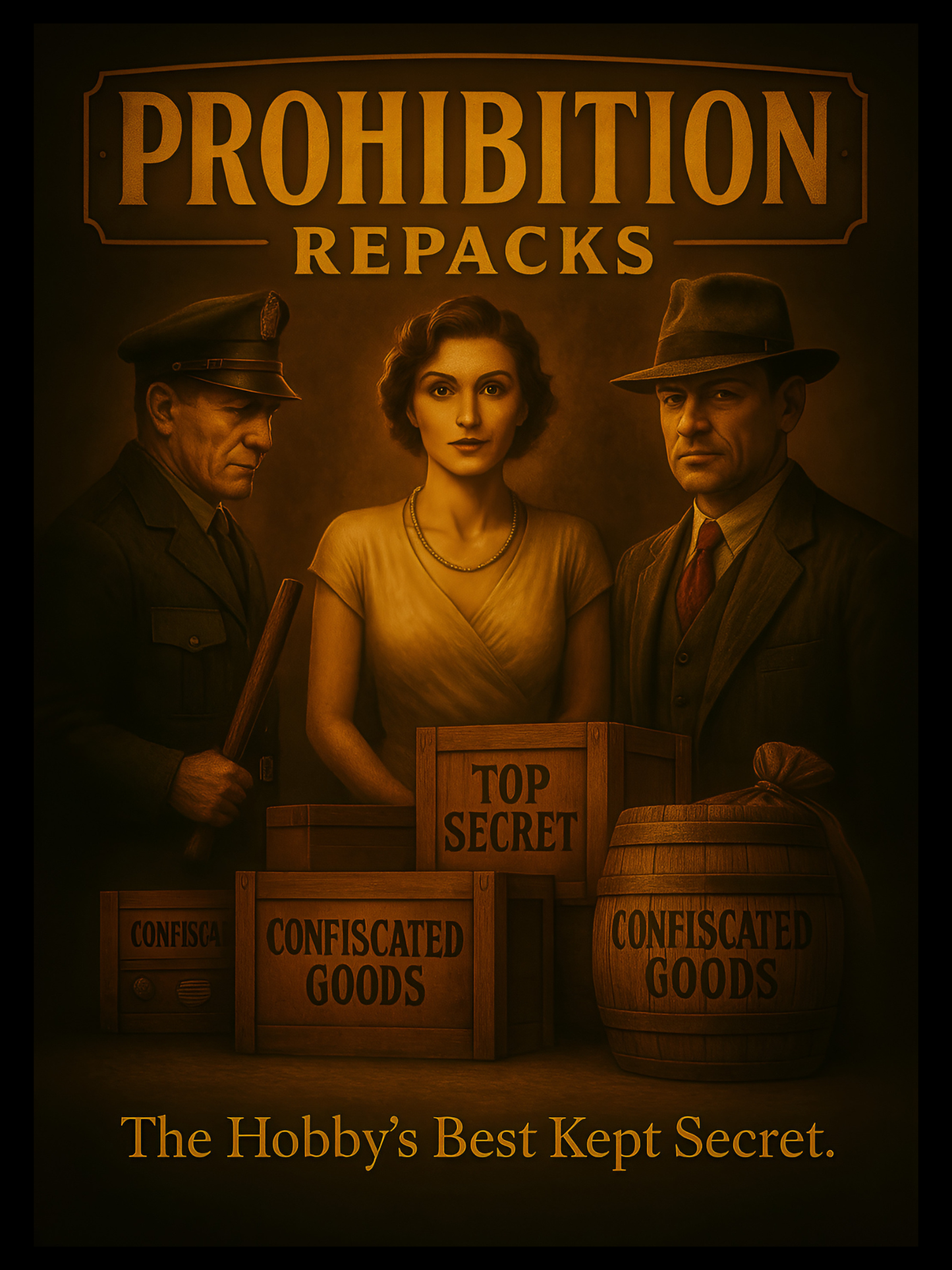 Vintage-style poster with three people and wooden crates labeled 'Confiscated Goods' and 'Top Secret'.